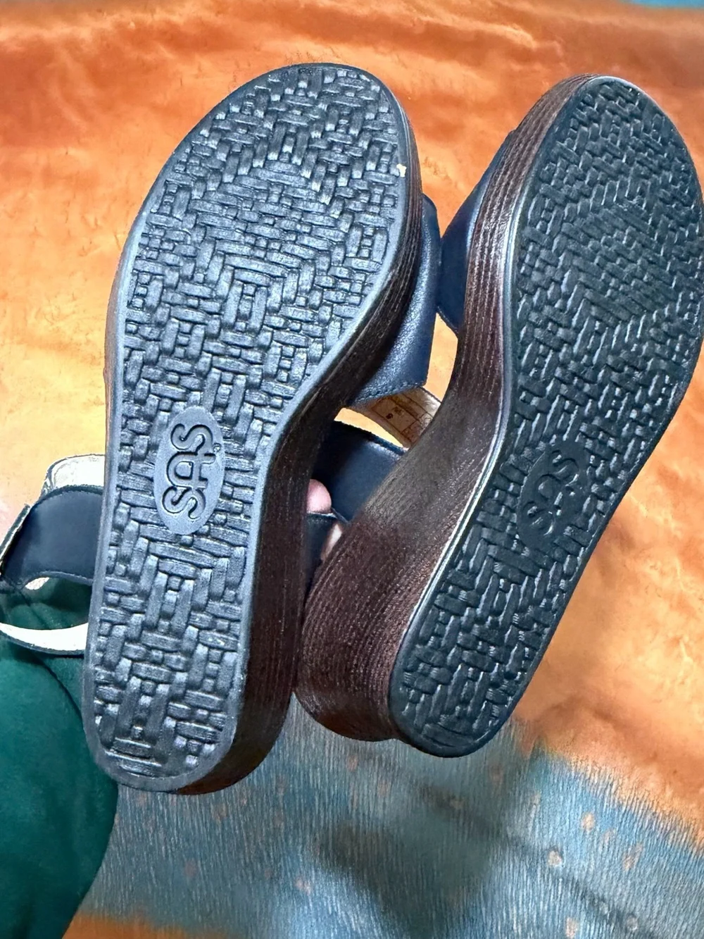 SAS Navy Wedge Sandals with Metallic Patterned Strap size 8